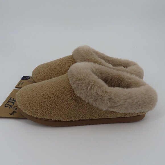 Dearfoams Women Large 9-10 Beige Fuzzy Memory Foam Indoor Outdoor Slippers NEW - Picture 4 of 14